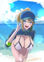 Rule 34 | 1girl, absurdres, ahoge, artoria pendragon (fate), baseball cap, beach, bent over, bikini, blonde hair, blue eyes, blue hat, blue jacket, blue sky, blush, breasts, cleavage, cloud, commentary request, cropped jacket, day, fate/grand order, fate (series), hair between eyes, hair through headwear, hanging breasts, hat, highres, jacket, kasumi saika, large breasts, lens flare, long hair, mysterious heroine x (fate), mysterious heroine xx (fate), ocean, open mouth, outdoors, ponytail, sand, shore, shrug (clothing), sky, solo, swimsuit, water, white bikini