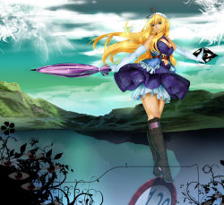 Rule 34 | 1girl, adapted costume, blonde hair, boots, bowalia, branch, breasts, cleavage, closed umbrella, crossed legs, elbow gloves, female focus, gap (touhou), gloves, hat, knee boots, lake, large breasts, long hair, midriff, mountain, plant, sign, silhouette, solo, standing, tiptoes, touhou, umbrella, walking, walking on liquid, watson cross, white gloves, yakumo yukari