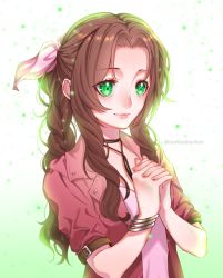 Rule 34 | 1girl, aerith gainsborough, black ribbon, bow, bracelet, brown hair, choker, closed mouth, final fantasy, final fantasy vii, green eyes, hair bow, hair intakes, jacket, jewelry, long hair, open clothes, open jacket, own hands clasped, own hands together, pink bow, pink shirt, red jacket, ribbon, ribbon choker, shirt, short sleeves, smile, solo, tabby chan, upper body, white background
