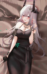 Rule 34 | 1girl, arknights, black dress, black gloves, black sleeves, bracelet, breasts, cleavage, cowboy shot, demon horns, detached sleeves, dress, ear piercing, gloves, green flower, grey hair, hair ornament, hand in own hair, highres, holding, holding own hair, horns, jewelry, large breasts, long hair, looking at viewer, lying, material growth, mudrock (arknights), mudrock (obsidian) (arknights), necklace, on back, open mouth, oripathy lesion (arknights), piercing, pointy ears, red eyes, ru zhai, short sleeves, single glove, solo, sweat