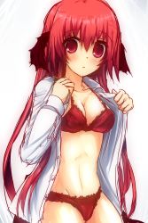 Rule 34 | 1girl, absurdres, bat wings, blush, bra, breasts, cleavage, dress shirt, head wings, highres, koakuma, long hair, looking at viewer, no pants, open clothes, open shirt, pandamonium, panties, red bra, red eyes, red hair, red panties, shirt, simple background, sketch, solo, touhou, underwear, white background, wings
