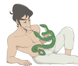 Rule 34 | 1boy, aboutama, bebinn, black eyes, facial hair, hair strand, male focus, mustache, nipples, ousama ranking, pants, pectorals, short hair, smile, snake, solo, thick eyebrows, toned, toned male, topless male, white background, white pants