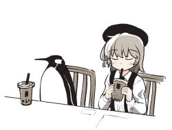 Rule 34 | 1girl, beret, bird, black hat, brown hair, bubble tea, closed eyes, collared shirt, cup, drinking, drinking straw, drinking straw in mouth, facing viewer, hands up, hat, hatoba tsugu, holding, holding cup, long sleeves, medium hair, olo366, on chair, penguin, shirt, side-by-side, simple background, sitting, solo, suspenders, table, tsugu (vtuber), upper body, virtual youtuber, white background, white shirt