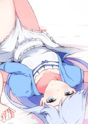 Rule 34 | 1girl, bed sheet, blue eyes, blue jacket, blush, breasts, closed mouth, collarbone, dress, enelis, hands up, idolmaster, idolmaster million live!, idolmaster million live! theater days, jacket, legs up, long hair, looking at viewer, lying, on back, open clothes, open jacket, puffy short sleeves, puffy sleeves, shiraishi tsumugi, short sleeves, small breasts, solo, very long hair, white dress