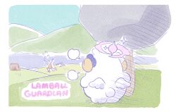 Rule 34 | 1other, day, ekoru, fleeing, full body, grass, halo, hill, holding, holding weapon, lamball, outdoors, palworld, running, sheep, standing, weapon