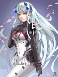 Rule 34 | 1girl, absurdres, arm at side, artist name, black bodysuit, blunt bangs, bodysuit, breasts, cherry blossoms, closed mouth, commentary, covered navel, cowboy shot, expressionless, girls&#039; frontline, gloves, green eyes, grey bodysuit, grey hair, hair ornament, hand on own chest, highres, hk416 (girls&#039; frontline), long hair, looking at viewer, maskiy, medium breasts, miniskirt, multicolored bodysuit, multicolored clothes, petals, signature, simple background, skirt, solo, very long hair