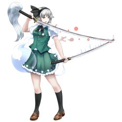 Rule 34 | 1girl, arm up, black bow, black bowtie, black hairband, black ribbon, black socks, bow, bowtie, breasts, brown footwear, commentary request, dual wielding, full body, green skirt, green vest, grey eyes, hair ribbon, hairband, highres, hitodama, holding, holding sword, holding weapon, katana, kneehighs, konpaku youmu, konpaku youmu (ghost), loafers, open mouth, petticoat, pleated skirt, puffy short sleeves, puffy sleeves, ribbon, shirt, shoes, short hair, short sleeves, silver hair, skirt, skirt set, small breasts, socks, solo, standing, sword, thighs, tk31, touhou, transparent background, v-shaped eyebrows, vest, weapon, white shirt, wily beast and weakest creature