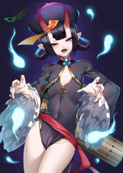 Rule 34 | 1girl, absurdres, between thighs, black dress, blush, bob cut, braid, braided hair rings, covered navel, cowboy shot, dress, eyeshadow, fangs, fate/grand order, fate (series), fingernails, frilled sleeves, frills, hair rings, half-closed eyes, hat, head tilt, highres, hitodama, horns, jiangshi, long fingernails, long hair, long sleeves, looking at viewer, makeup, nail polish, nekosama shugyouchuu, no panties, ofuda, oni, open mouth, outstretched arms, peacock feathers, pointy ears, purple eyes, purple hair, qingdai guanmao, red nails, sash, short dress, short eyebrows, shrug (clothing), shuten douji (fate), shuten douji (festival outfit) (fate), skin-covered horns, solo, thighs, twin braids, wide sleeves, zombie pose