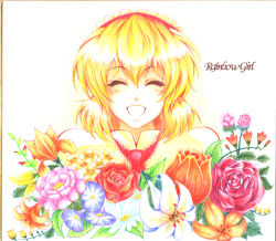 Rule 34 | 1girl, ^ ^, alice margatroid, blonde hair, capelet, closed eyes, colored pencil (medium), closed eyes, female focus, flower, grin, lily (flower), red flower, red rose, rose, shikishi, short hair, smile, solo, touhou, traditional media, translation request, tulip, upper body, warugaki (sk-ii)