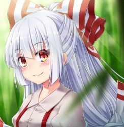 Rule 34 | 1girl, blurry, blurry background, blush, bow, closed mouth, collared shirt, depth of field, fujiwara no mokou, grey shirt, hair bow, light rays, long hair, looking at viewer, multicolored eyes, ponytail, red eyes, shirt, silver hair, smile, solo, straight hair, sunbeam, sunlight, suspenders, touhou, umarutsufuri, upper body, very long hair, yellow eyes