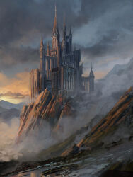 Rule 34 | absurdres, architecture, building, castle, cloud, cloudy sky, commentary, critical role, dark clouds, dawn, dungeons & dragons, dungeons &amp; dragons, english commentary, fantasy, fog, grass, highres, hill, idrawbagman, landscape, mountain, no humans, outdoors, puddle, scenery, sky, spire, sunrise, tower
