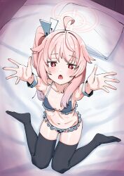 Rule 34 | 1girl, absurdres, armpits, arms up, bed, bed sheet, bikini, black thighhighs, blue archive, highres, hizikit, image sample, maid, maid bikini, on bed, open clothes, pink hair, red eyes, side ponytail, sitting, solo, swimsuit, teeth, thighhighs, tongue, twitter sample, unconventional maid
