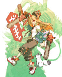 Rule 34 | 1boy, 1girl, animal, black necktie, black pants, blonde hair, breasts, cable, cat, chainsaw, chainsaw man, collared shirt, cosplay, cross-shaped pupils, demon girl, demon horns, denji (chainsaw man), hair over one eye, holding, holding head, horns, jacket, jacket partially removed, long hair, looking at viewer, meowy (chainsaw man), nakayama tooru, navel, necktie, pants, pants rolled up, power (chainsaw man), red horns, sharp teeth, shirt, small breasts, smile, symbol-shaped pupils, teeth, white background, yellow eyes