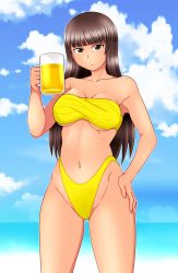 Rule 34 | 1girl, alcohol, bandeau, beer, beer mug, bikini, black eyes, black hair, blue sky, breasts, closed mouth, cloud, cloudy sky, commentary, cowboy shot, cup, day, girls und panzer, hand on own hip, highleg, highleg bikini, holding, holding cup, horizon, large breasts, light frown, long hair, looking at viewer, mug, navel, nishizumi shiho, ocean, outdoors, sky, solo, standing, straight hair, strapless, strapless bikini, swimsuit, tanaka rikimaru, textless version, yellow bandeau, yellow bikini