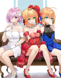 Rule 34 | 3girls, absurdres, ahoge, aqua eyes, artoria pendragon (all), artoria pendragon (fate), bad id, bad pixiv id, bare shoulders, blonde hair, blue dress, blush, braid, breasts, cleavage, couch, dress, fate/extra, fate/grand order, fate/stay night, fate (series), french braid, green eyes, hair between eyes, hair over one eye, high heels, highres, large breasts, light purple hair, long hair, looking at viewer, mash kyrielight, mash kyrielight (formal dress), multiple girls, nero claudius (fate), nero claudius (fate) (all), nero claudius (fate/extra), official alternate costume, purple eyes, red dress, saber (fate), saber (lapis lazuli dress) (fate), see-through, see-through cleavage, short hair, sitting, small breasts, smile, tsukise miwa, white dress