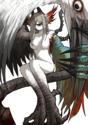 Rule 34 | 1girl, black eyes, breasts, claws, colored skin, cyclops, grey hair, horns, kankan33333, large breasts, long hair, looking at viewer, monster girl, no mouth, one-eyed, original, simple background, sitting on tail, solo, tail, white background, white skin, wings