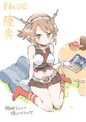 Rule 34 | 10s, 1girl, bare shoulders, book, breasts, brown hair, character name, female focus, gloves, green eyes, hairband, headband, headgear, kantai collection, large breasts, looking at viewer, miniskirt, mutsu (kancolle), navel, pillow, red thighhighs, short hair, simple background, sitting, skirt, sodapop (iemaki), solo, solo focus, table, teapot, thighhighs, wariza, white background, white gloves