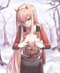 Rule 34 | 10s, 2girls, aged down, blurry, blurry background, colored skin, covering another&#039;s eyes, crying, dark-skinned female, dark skin, darling in the franxx, day, dual persona, expressionless, green eyes, hair between eyes, head tilt, highres, hood, hooded robe, horns, horns through headwear, long hair, long sleeves, looking at viewer, military, military uniform, multiple girls, pink hair, red skin, robe, sharp teeth, slit pupils, snow, spoilers, standing, sugar (dndi888), tagme, tears, teeth, time paradox, uniform, white hair, winter, zero two (darling in the franxx)