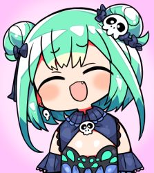 Rule 34 | 1girl, :d, ^ ^, blue bow, blue dress, blue sleeves, blush, bow, closed eyes, detached sleeves, double bun, dress, earrings, facing viewer, fang, green hair, hair bow, hair bun, hair ornament, hololive, jewelry, kanikama, lowres, open mouth, pink background, simple background, skull hair ornament, sleeveless, sleeveless dress, smile, solo, upper body, uruha rushia, uruha rushia (1st costume), virtual youtuber