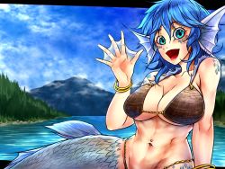 Rule 34 | 1girl, bikini, bikini top only, blue eyes, blue hair, blue sky, bracelet, breasts, cleavage, commentary request, day, fins, fish scales, fish tail, forest, hair between eyes, hand up, head fins, highres, jewelry, large breasts, lipstick, makeup, mermaid, monster girl, mountain, nature, navel, navel piercing, open mouth, piercing, ryuuichi (f dragon), shining needle castle, sidelocks, sky, smile, solo, swimsuit, tail, touhou, tree, wakasagihime, webbed hands