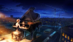 Rule 34 | 1girl, absurdres, antennae, black dress, brown hair, cityscape, dress, closed eyes, grand piano, highres, instrument, inzanaki, music, night, original, piano, piano bench, playing instrument, rooftop, scenery, sitting, sky, sleeveless, sleeveless dress, solo, star (sky), starry sky