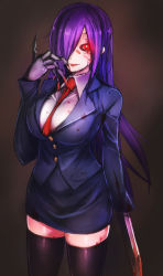 Rule 34 | 1girl, artificial eye, black thighhighs, blood, blouse, borrowed character, breasts, hair over one eye, highres, large breasts, long hair, mechanical eye, necktie, original, pencil skirt, purple hair, red eyes, red necktie, school uniform, shirt, skirt, solo, sword, taishi (artist), taishi (picchiridou), thighhighs, weapon, white shirt