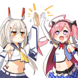 Rule 34 | 2girls, :d, akaoni (zumt3548), arm up, armpits, ayanami (azur lane), azur lane, belt, bow, breasts, cape, collarbone, commentary request, detached sleeves, elbow gloves, eyes visible through hair, frilled skirt, frills, gloves, hair bow, hair ornament, hair ribbon, hairband, hairclip, headgear, high five, long hair, looking at another, midriff, multiple girls, navel, open mouth, orange eyes, pink hair, plaid, plaid skirt, pleated skirt, ponytail, purple eyes, retrofit (azur lane), ribbon, saratoga (azur lane), school uniform, serafuku, sideboob, sidelocks, silver hair, simple background, skirt, slit pupils, smile, twintails, white background, white gloves, wide sleeves