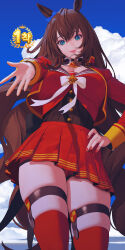 Rule 34 | 1girl, absurdres, animal ears, blue bow, blue eyes, blue sky, bow, breasts, brown hair, choker, cleavage, cloud, cloudy sky, commentary, cropped jacket, ear bow, ear ornament, from below, hair between eyes, highres, horse ears, horse girl, horse tail, hyulla, jacket, large breasts, long hair, long sleeves, looking at viewer, maruzensky (umamusume), nail polish, outdoors, outstretched hand, panties, pleated skirt, red jacket, red panties, red serafuku, red skirt, red thighhighs, school uniform, serafuku, skindentation, skirt, sky, smile, solo, tail, thick thighs, thigh strap, thighhighs, thighs, umamusume, underwear, white bow