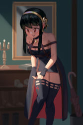 Rule 34 | 1girl, black dress, black hair, black thighhighs, blood, blood on clothes, breasts, candle, candlestand, cleavage, dress, earrings, gold earrings, gold hairband, hairband, highres, indoors, jewelry, la2years, medium breasts, mirror, red eyes, solo, spy x family, thighhighs, two-sided dress, two-sided fabric, umbrella, yor briar