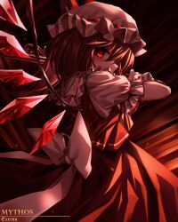 Rule 34 | 1girl, absurdres, commentary, crystal, flandre scarlet, hat, hat ribbon, highres, looking at viewer, mob cap, red eyes, red ribbon, red skirt, red vest, ribbon, short sleeves, signature, skirt, solo, top-exerou, touhou, vest, white hat, wings