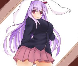 Rule 34 | 1girl, animal ears, blazer, breasts, rabbit ears, jacket, large breasts, light purple hair, long hair, looking at viewer, looking down, red eyes, reisen udongein inaba, skirt, smile, solo, sprout (33510539), touhou