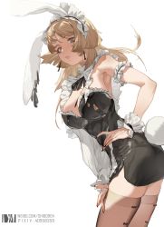 Rule 34 | 1girl, animal ears, arm garter, black dress, black nails, black ribbon, blush, breasts, cowboy shot, dm (dai miao), dress, fake animal ears, frilled hairband, frills, from side, grey eyes, hairband, hand on own hip, hand on own thigh, highres, large breasts, leotard, long hair, looking at viewer, nail polish, neck ribbon, original, parted lips, playboy bunny, rabbit ears, rabbit tail, ribbon, simple background, solo, standing, tail, thighhighs, white background, wrist cuffs