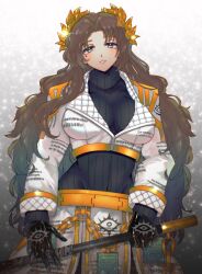 Rule 34 | 1girl, belt, black gloves, breasts, brown hair, chain, cowboy shot, cropped jacket, e.g.o (project moon), eye print, gloves, gold belt, highres, holding, holding weapon, jacket, large breasts, laurels, limbus company, long hair, njaja kanja, project moon, quilted clothes, ribbed sweater, rodion (project moon), solo, sweater, very long hair, weapon, white jacket