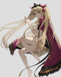Rule 34 | 1girl, absurdres, bare legs, barefoot, black dress, black nails, blonde hair, cape, cotta (heleif), dress, earrings, ereshkigal (fate), fate/grand order, fate (series), from side, full body, grey background, hair ribbon, hand in own hair, highres, jewelry, long hair, looking at viewer, nail polish, orange eyes, red cape, red ribbon, ribbon, short dress, simple background, solo, tassel, tiara, twintails, two side up, very long hair