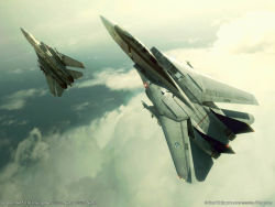 Rule 34 | 1girl, ace combat, ace combat 5, aircraft, airplane, bandai namco, cloud, f-14, fighter jet, game, jet, military, military vehicle, missile, namco, navy, sky, solo, vehicle focus, watermark