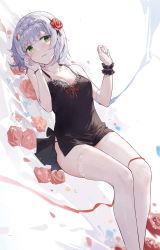 Rule 34 | 1girl, absurdres, black dress, blush, braid, breasts, chinese commentary, collarbone, commentary request, dress, dutch angle, feet out of frame, flower, genshin impact, green eyes, hair flower, hair ornament, highres, looking at viewer, lying, medium breasts, medium hair, noelle (genshin impact), on back, panty straps, parted lips, red flower, red ribbon, red rose, ribbon, rose, silver hair, single wrist cuff, solo, thighhighs, white thighhighs, wrist cuffs, wristband, yajuu