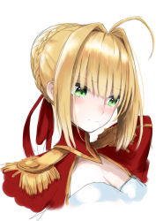 Rule 34 | 1girl, absurdres, ahoge, blonde hair, blunt bangs, breasts, cleavage, cropped torso, fate (series), green eyes, hair intakes, hair ribbon, head tilt, highres, laika (sputnik2nd), nero claudius (fate), nero claudius (fate) (all), nero claudius (fate/extra), portrait, red ribbon, ribbon, short hair with long locks, sidelocks, simple background, small breasts, smile, solo, white background