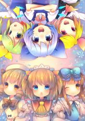 Rule 34 | &gt;:o, 6+girls, :o, blonde hair, blue eyes, blue hair, bow, brown eyes, brown hair, cirno, coa (chroo x), collaboration, crossover, daiyousei, green hair, hair bow, hat, headdress, ice, ice wings, luna child, multiple girls, odd one out, one eye closed, open mouth, red eyes, rumia, smile, star sapphire, sunny milk, touhou, upside-down, uta (kuroneko), v-shaped eyebrows, wings