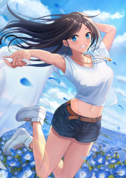 Rule 34 | 1girl, arm behind head, arm up, artist name, bare arms, bare legs, belt, blue eyes, blurry, blush, breasts, brown hair, crop top, day, denim, denim shorts, depth of field, dutch angle, earrings, feet up, field, flower, flower field, glint, grin, hand up, highres, holding, jewelry, jumping, lens flare, long hair, looking at viewer, may9, medium breasts, midriff, navel, necklace, nemophila (flower), original, outdoors, outstretched arm, parted bangs, petals, see-through silhouette, shirt, shoes, short shorts, short sleeves, shorts, signature, smile, sneakers, solo, taut clothes, taut shirt, twitter username, white footwear, white shirt