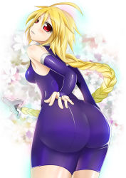 Rule 34 | 1girl, ahoge, arc system works, ass, bare shoulders, blazblue, blonde hair, blush, bodysuit, braid, breasts, bridal gauntlets, elbow gloves, from behind, gloves, hand on own ass, highres, huge ahoge, huge ass, kashisu mint, lambda-11, long hair, looking at viewer, looking back, parted lips, red eyes, shiny clothes, shiny skin, sideboob, single braid, solo, unitard, very long hair