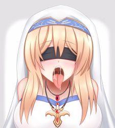 Rule 34 | 10s, 1girl, artist name, bare shoulders, black blindfold, blindfold, blonde hair, blush, breasts, facing viewer, gabailu, goblin slayer!, hat, highres, huge breasts, jewelry, long hair, necklace, open mouth, oral invitation, saliva, sexually suggestive, solo, sparkle, sword maiden, tongue, tongue out, upper body, uvula