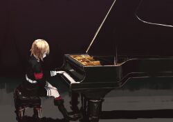 Rule 34 | 1girl, absurdres, akitaka takaaki, armband, black background, black footwear, black skirt, blonde hair, blush, boots, german clothes, girls&#039; frontline, grand piano, highres, historical connection, instrument, military, military uniform, mp40 (girls&#039; frontline), music, nazi, piano, playing instrument, playing piano, red armband, simple background, skirt, thigh strap, uniform