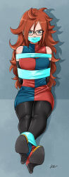 Rule 34 | 1girl, android 21, arms behind back, bdsm, blue eyes, bondage, bound, bound arms, bound legs, breasts, brown hair, dragon ball, dragon ball fighterz, gag, gagged, glasses, highres, improvised gag, long hair, lost one zero, medium breasts, tape, tape bondage, tape gag