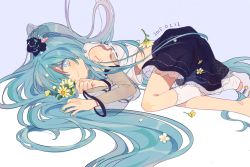 Rule 34 | 1girl, blue eyes, blue hair, blue skirt, closed mouth, commentary request, dated, detached sleeves, flower, frilled skirt, frills, hair ornament, hair over one eye, hatsune miku, holding, holding flower, iovebly, kneehighs, long hair, looking at viewer, lying, midriff, nail polish, on side, see-through, shirt, shoulder tattoo, single kneehigh, single sock, skirt, sleeveless, sleeveless shirt, smile, socks, solo, tattoo, twintails, unmoving pattern, very long hair, vocaloid, white shirt, white socks, yellow flower, yellow nails