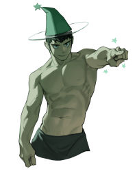Rule 34 | 1boy, abs, black hair, colored skin, green hat, green skin, hat, highres, male focus, original, pectorals, pointing, rinotuna, shadow, short hair, simple background, solo, star (symbol), topless male, transparent headwear, white background, witch hat