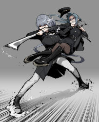Rule 34 | 2girls, belt, black belt, black coat, black footwear, black headwear, black pantyhose, black skirt, blue hair, boots, breasts, buttons, closed eyes, coat, fighting, flat chest, gogalking, grabbing, gradient background, grey background, grey hair, hat, highres, holding another&#039;s wrist, large breasts, long hair, martial arts, military hat, military uniform, multiple girls, ofelia (gogalking), original, pants, pantyhose, pleated skirt, portia (gogalking), purple eyes, skirt, sparring, speed lines, sword, uniform, weapon, white background, white pants