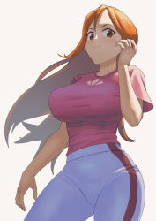 Rule 34 | 1girl, bleach, breasts, brown eyes, closed mouth, hand up, henchan45, inoue orihime, large breasts, long hair, orange hair, pants, pink shirt, shirt, simple background, smile, solo, white background, white pants