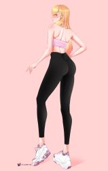 Rule 34 | absurdres, alternate costume, black pants, blonde hair, blush, bra, fraankyy, full body, hand on own hip, high-waist pants, highres, kitagawa marin, lips, looking at viewer, looking back, pants, shoes, sidelocks, skin tight, smile, sneakers, solo, sono bisque doll wa koi wo suru, sports bra, sportswear, standing, tall, thick thighs, thighs, tight clothes, underwear, unfinished, white footwear, yoga pants
