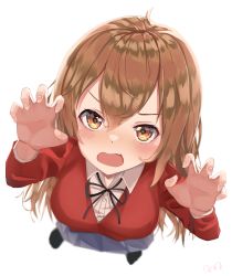 Rule 34 | 1girl, absurdres, aisaka taiga, april aries, black ribbon, blazer, blue skirt, brown eyes, brown hair, claw pose, collared shirt, commentary, dot nose, fang, female focus, fingernails, from above, full body, hair between eyes, highres, jacket, long hair, long sleeves, looking at viewer, neck ribbon, oohashi high school uniform, open mouth, red jacket, ribbon, roaring, school uniform, shirt, simple background, skin fang, skirt, solo, toradora!, white background, white shirt