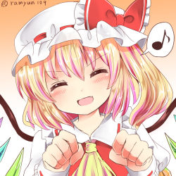 Rule 34 | 1girl, :d, ^ ^, ascot, blonde hair, blush, bow, clenched hands, closed eyes, facing viewer, fang, flandre scarlet, gradient background, gradient hair, hair between eyes, hat, hat bow, mob cap, multicolored hair, musical note, open mouth, orange background, paw pose, puffy sleeves, purple hair, quaver, ramudia (lamyun), red bow, side ponytail, smile, solo, spoken musical note, touhou, twitter username, upper body, wings, wrist cuffs